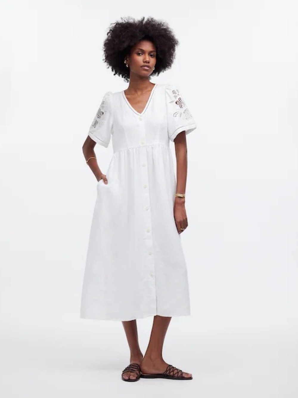 Madewell Cassie White Button-Front Eyelet Sleeve Midi Dress in Linen